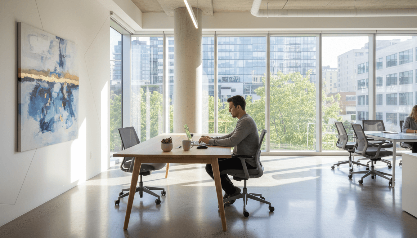 Modern office with person working on computer in bright environment