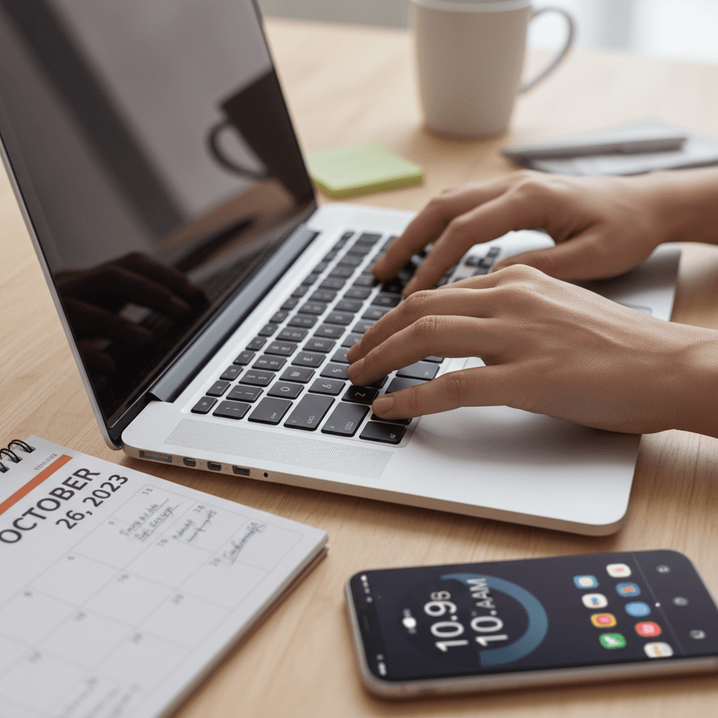 Primo piano di mano che digita su tastiera con calendario e telefono sulla scrivania
