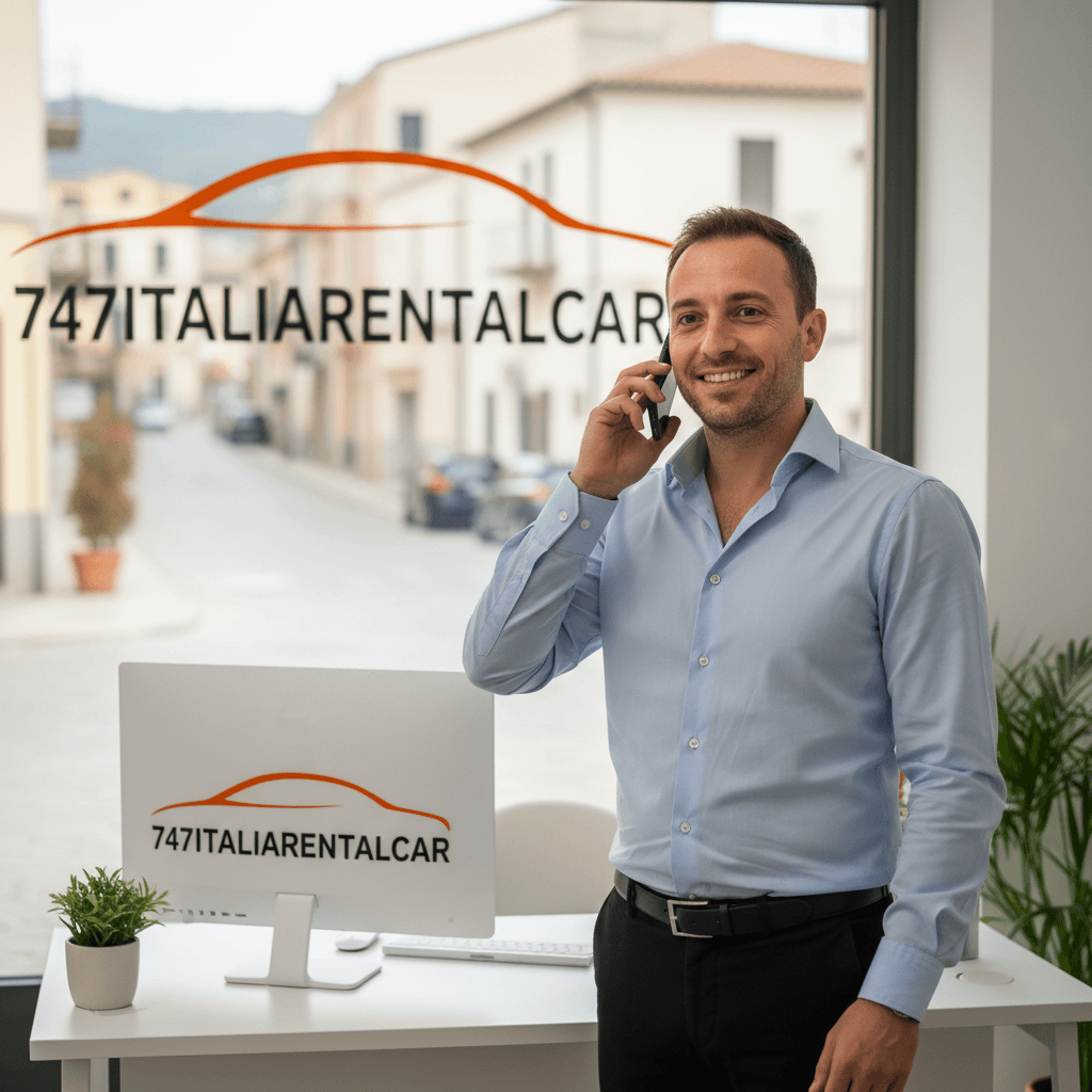 Car rental agent smiling on the phone in a bright, modern office.