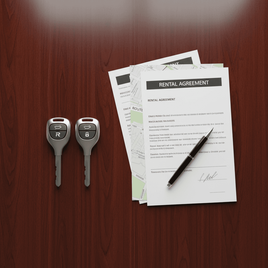 Compact car keys and rental documents on a wooden table