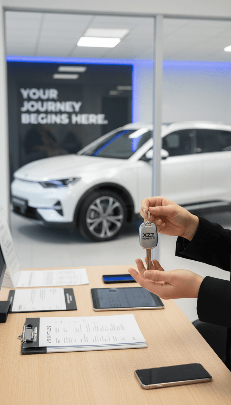 Persona con chiavi auto al banco noleggio, documenti e telefono