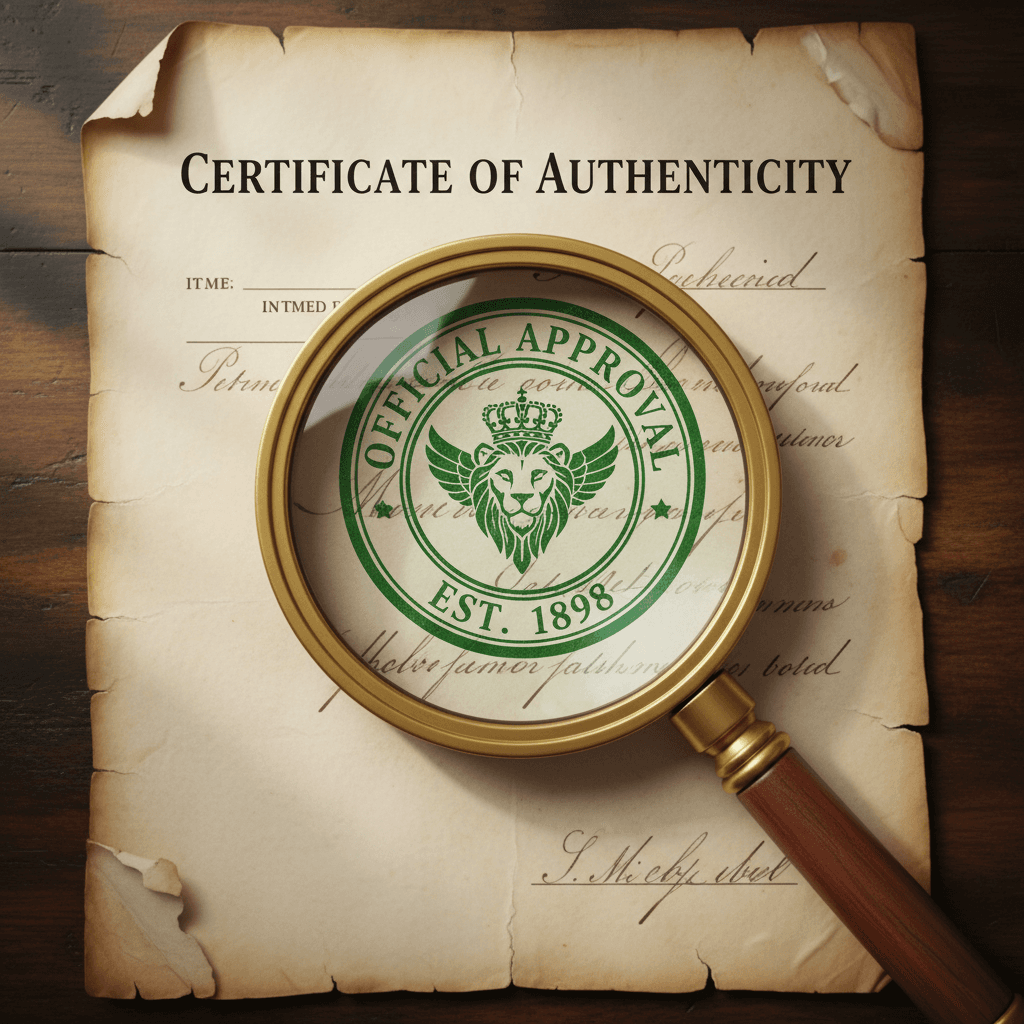 Documento con timbro verde e lente d'ingrandimento