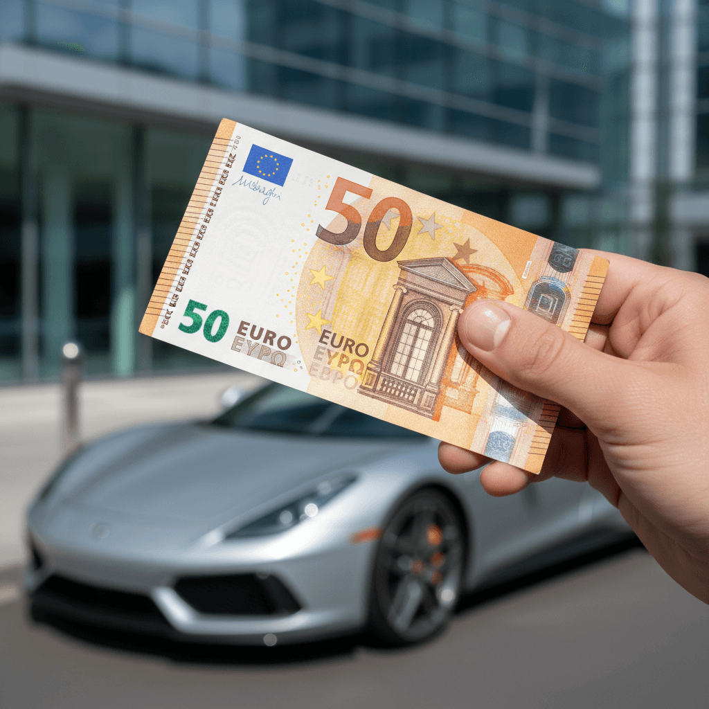 Mano che tiene una banconota da 50 euro con una macchina sullo sfondo