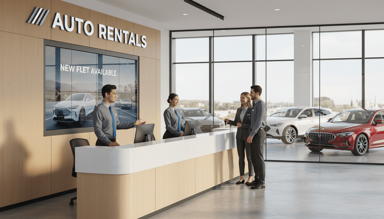 Modern car rental office with friendly staff and new vehicles