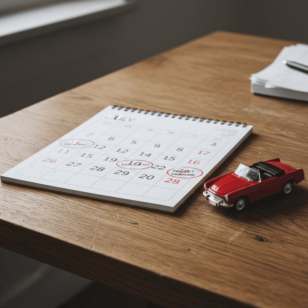 Calendario con date segnate e una macchinina giocattolo accanto su un tavolo di legno