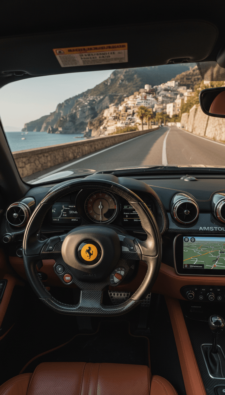 Volante e cruscotto di un'auto con vista sulla costa calabrese