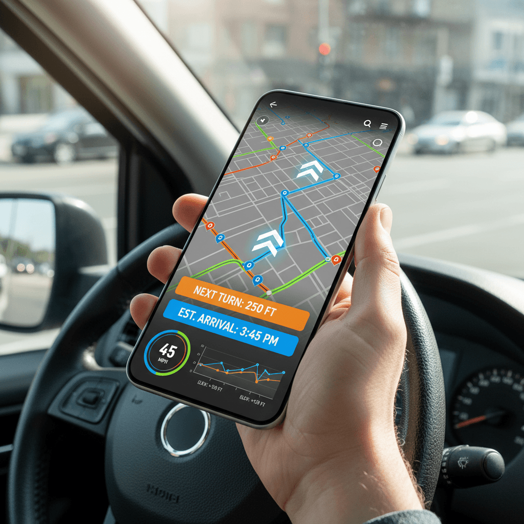 Navigatore GPS e mappa stradale sul cruscotto di un'auto