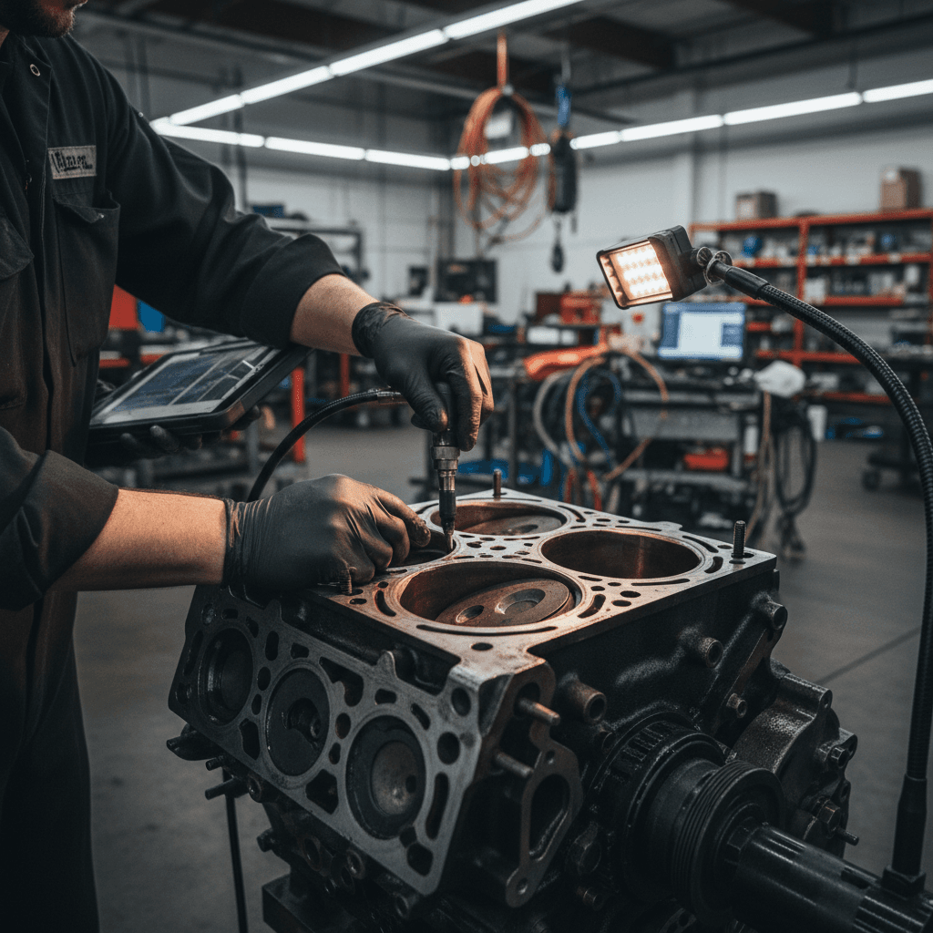 Meccanico al lavoro su un motore d'auto in officina