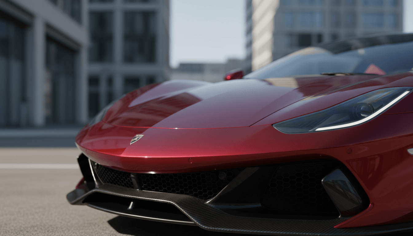 Close-up of sleek red supercar hood with dramatic lighting emphasizing aerodynamic curves and polished finish