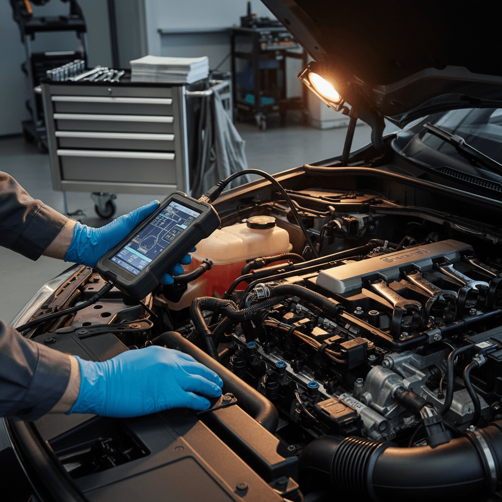Meccanico che controlla il motore di un'auto in officina