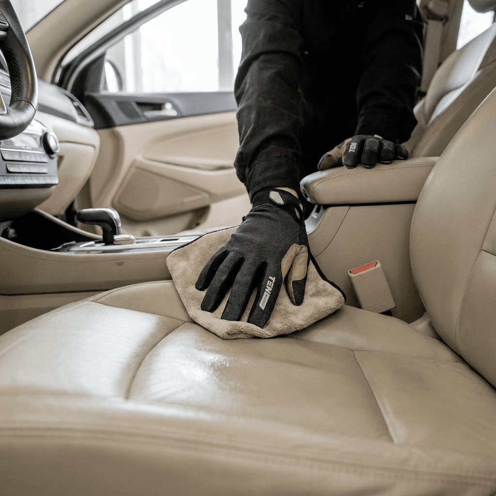 Interno di un'auto pulita con sedili in pelle e luce naturale